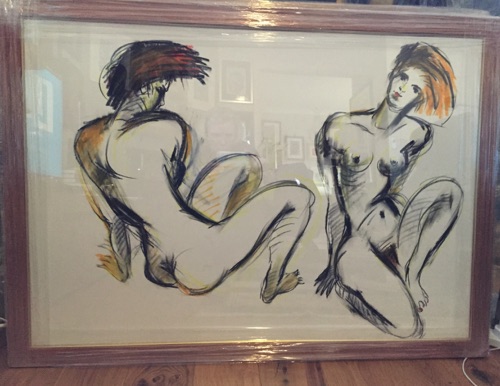 Pair of girls, framed. - 
Life drawing in Caran D'Ache oil pencils
(Ref 24)